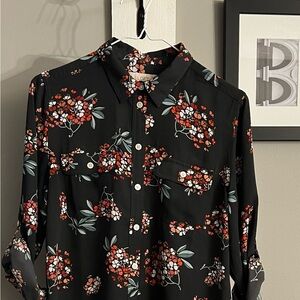 LOFT Black Button-Down Shirt with Red Floral Print